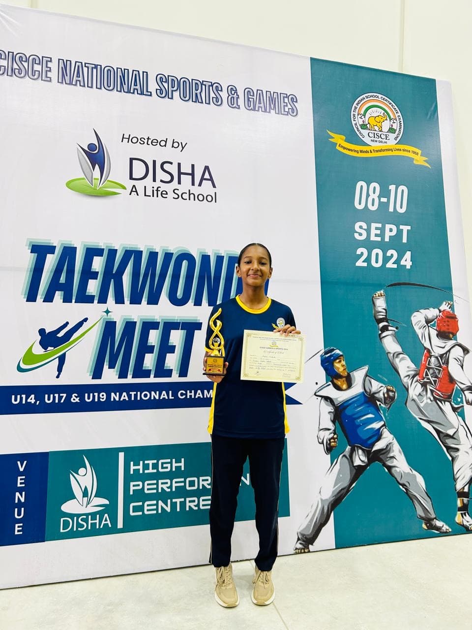 Triveni student with CISCE National Taekwondo Meet 2024 trophy