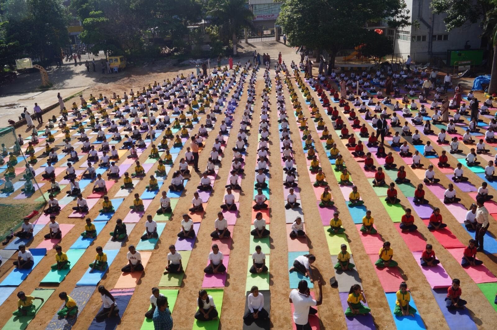 School-wide yoga session — aerial view
